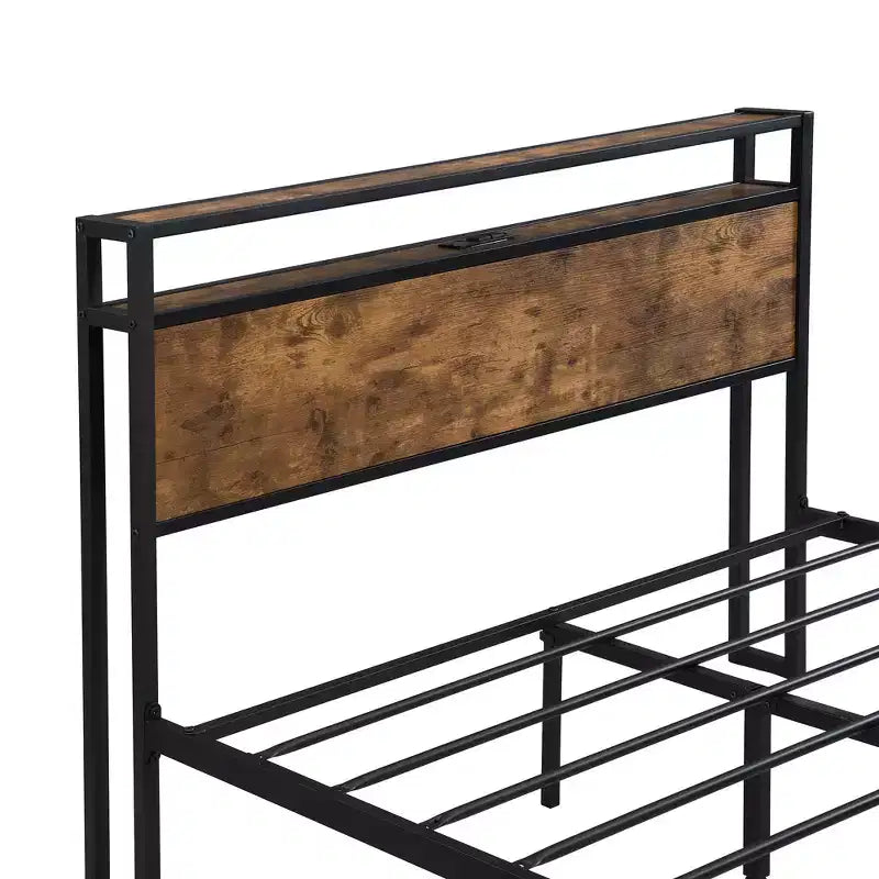 Telaio letto a piattaforma in metallo full size con testiera e pediera in legno, porta USB e vano contenitore sotto il letto, nessuna necessità di rete a molle