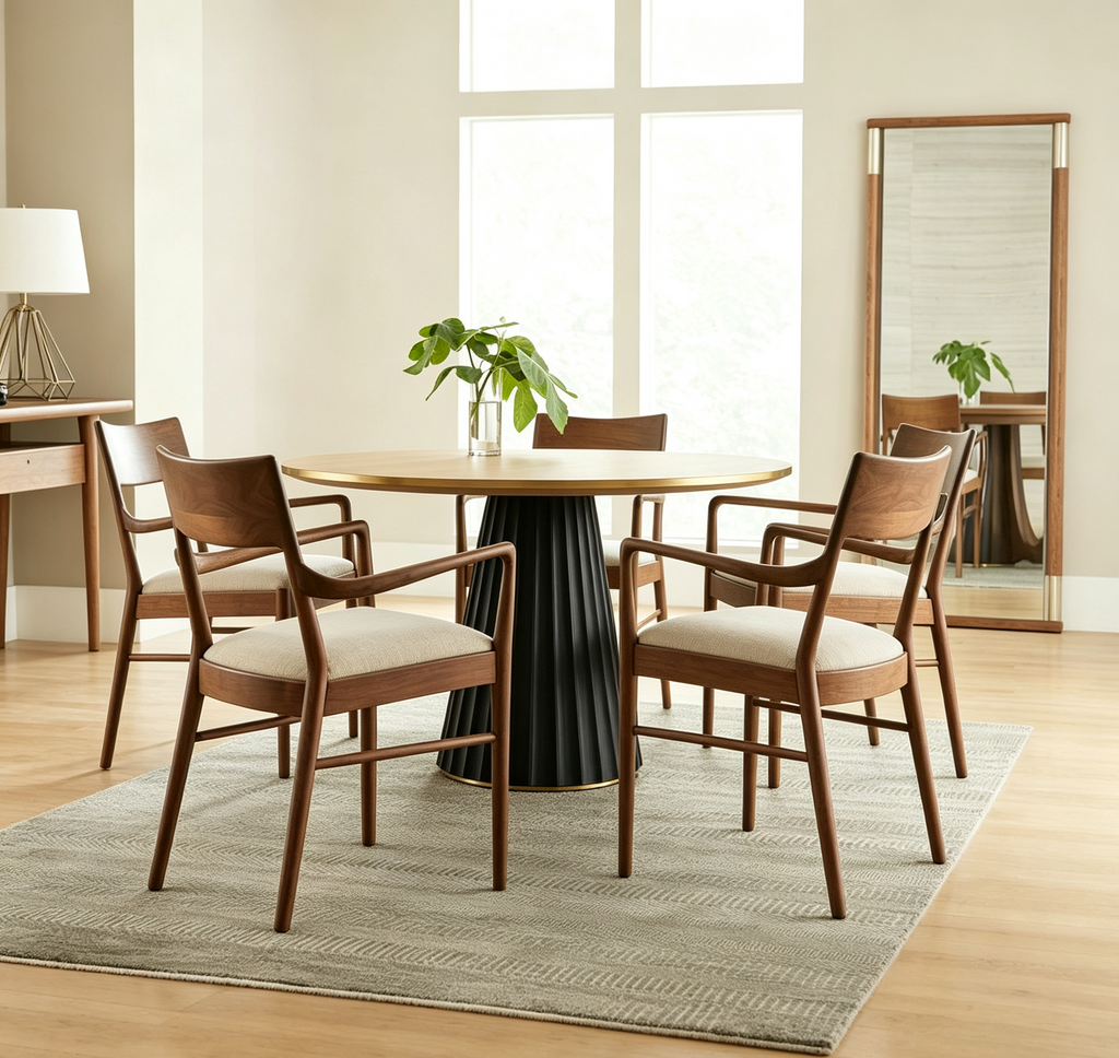 Tavolo da pranzo rotondo da 132 cm in legno massello per 4-6 persone con base affusolata scanalata, naturale
