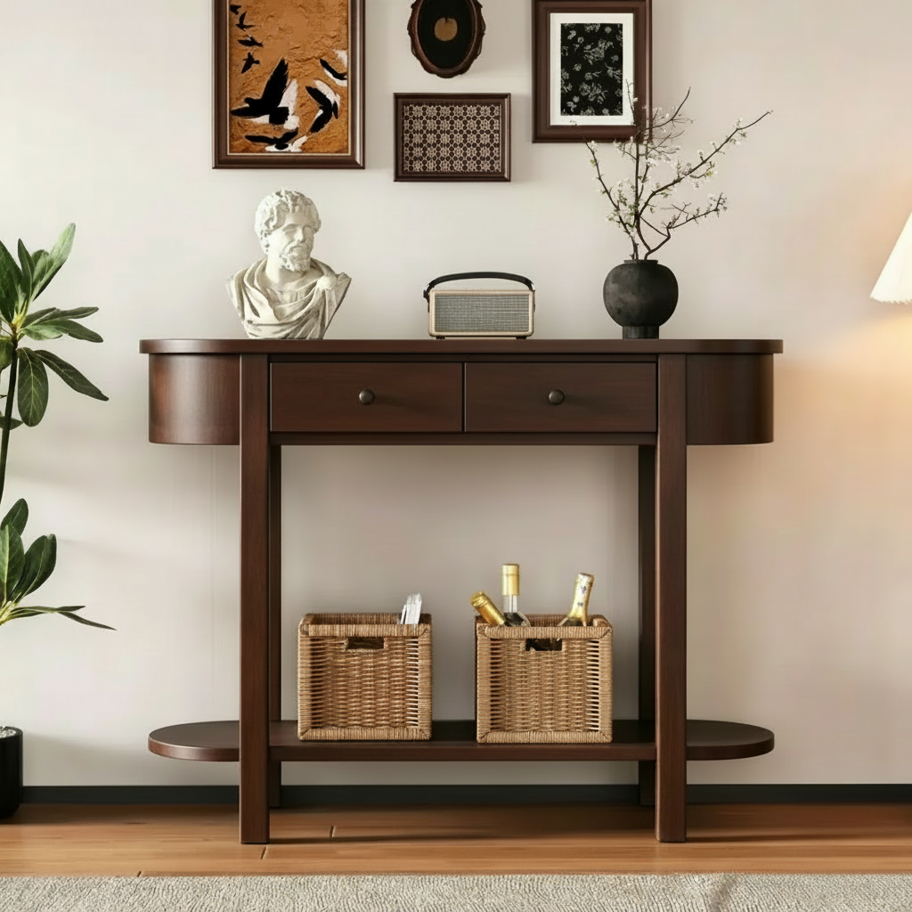 Elegante console con finitura liscia, tavolino d'ingresso dal design curvo con 2 cassetti, tavolino d'appoggio per soggiorno, corridoio