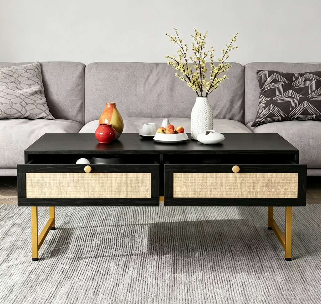 Tavolino da Caffè con Scomparto Nascosto e Ripiano Portaoggetti, Tavolino da Salotto da 45,66 Pollici con Pannello a Porte in Rattan Intrecciato, Adatto per Soggiorno, Appartamento