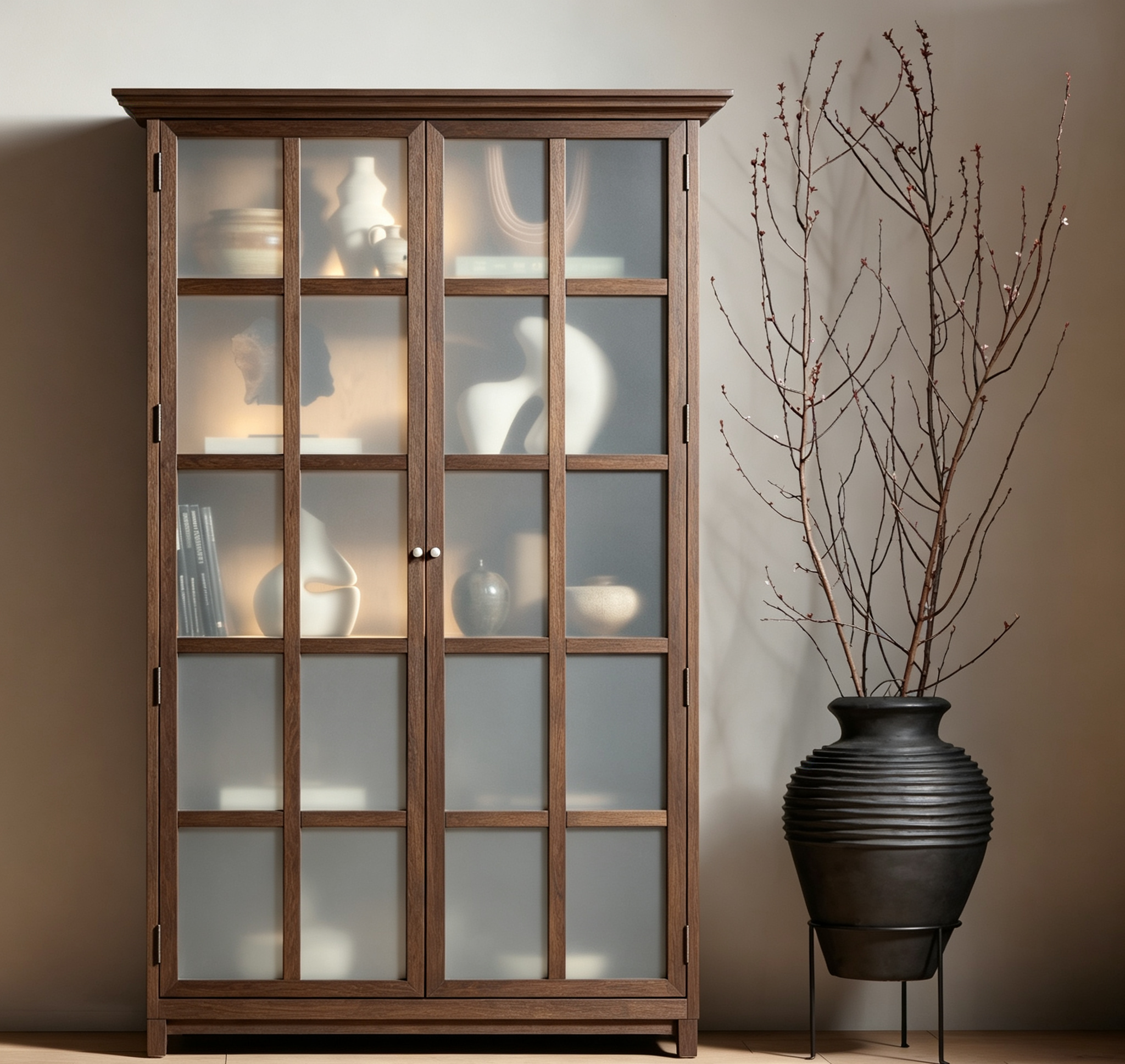 Mobile contenitore basso da 35" con ante in vetro, Marrone brunastro