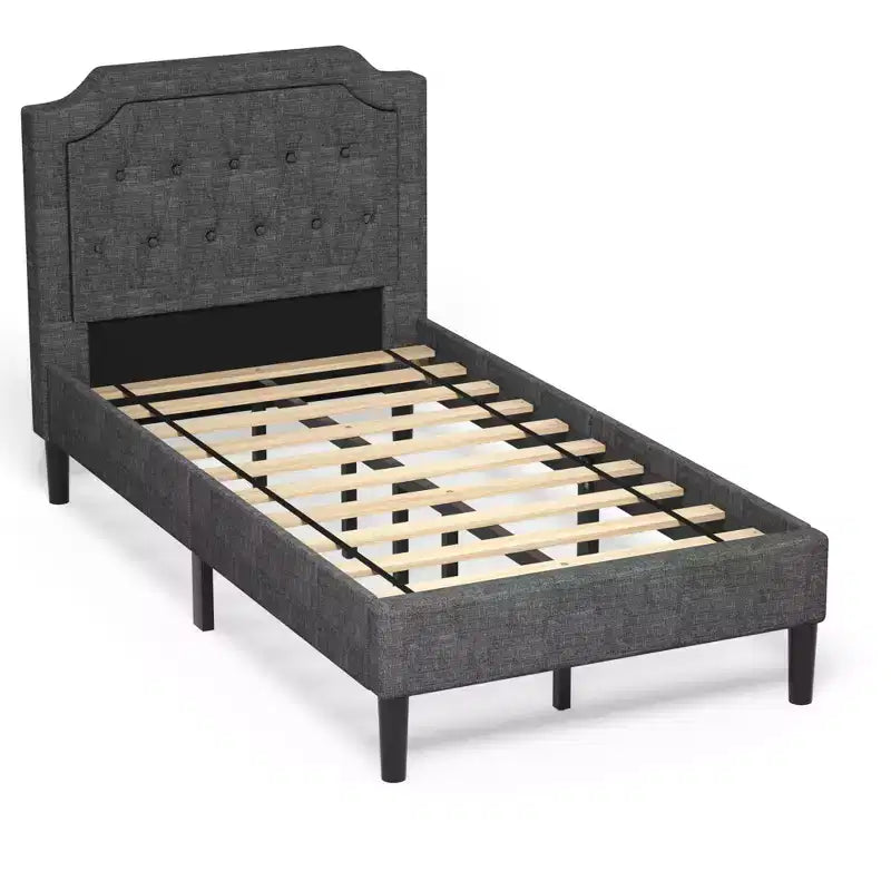 Costway Twin Upholstered Platform Bed Frame Linen Headboard Mattress Foundation, Grey