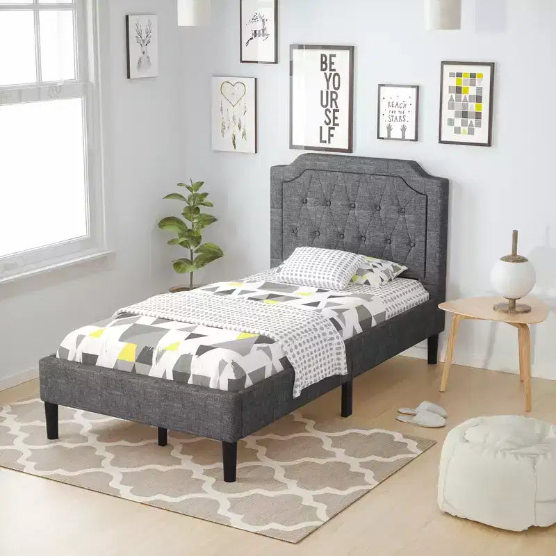 Struttura letto imbottita con testiera in lino, colore grigio, modello Twin