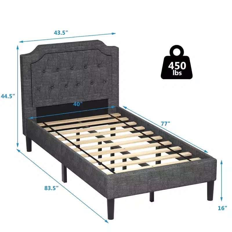 Struttura letto imbottita con testiera in lino, colore grigio, modello Twin