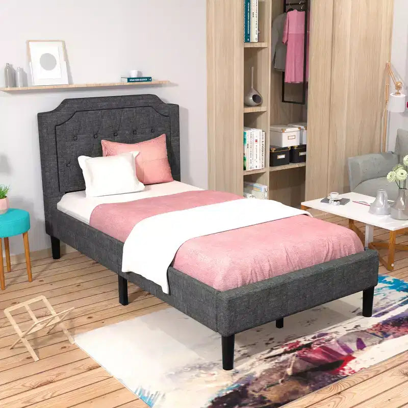 Struttura letto imbottita con testiera in lino, colore grigio, modello Twin