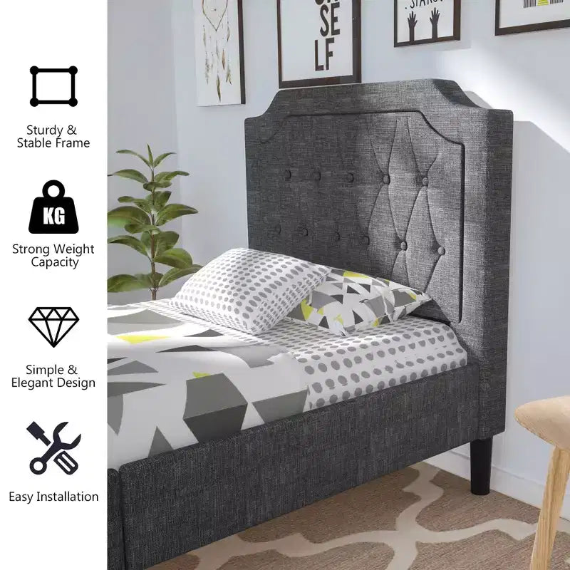 Struttura letto imbottita con testiera in lino, colore grigio, modello Twin