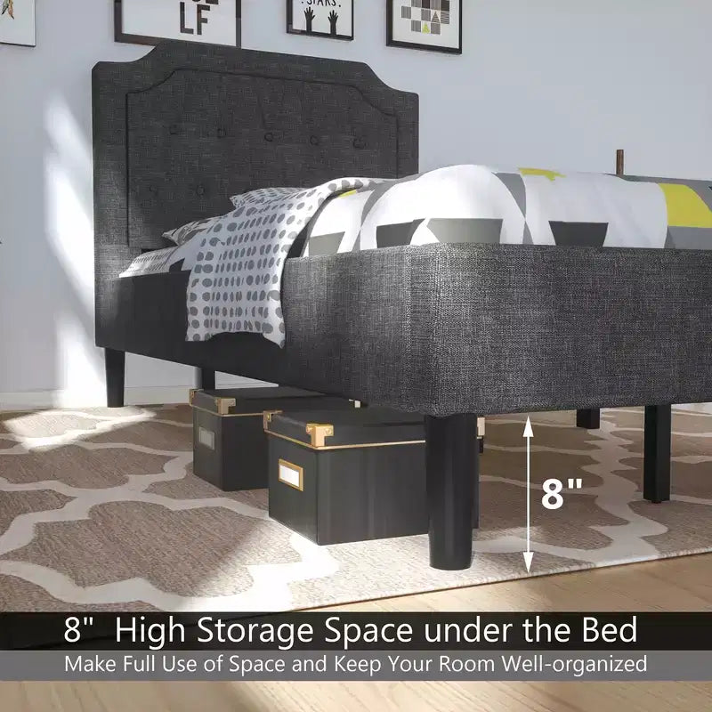 Struttura letto imbottita con testiera in lino, colore grigio, modello Twin