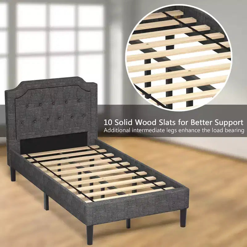 Struttura letto imbottita con testiera in lino, colore grigio, modello Twin