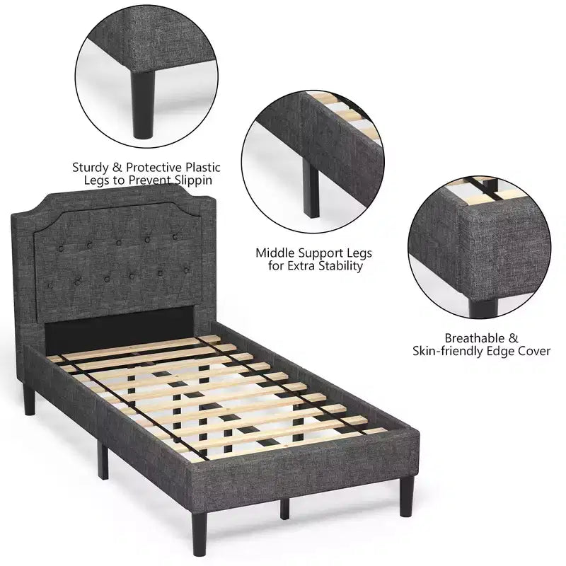 Struttura letto imbottita con testiera in lino, colore grigio, modello Twin