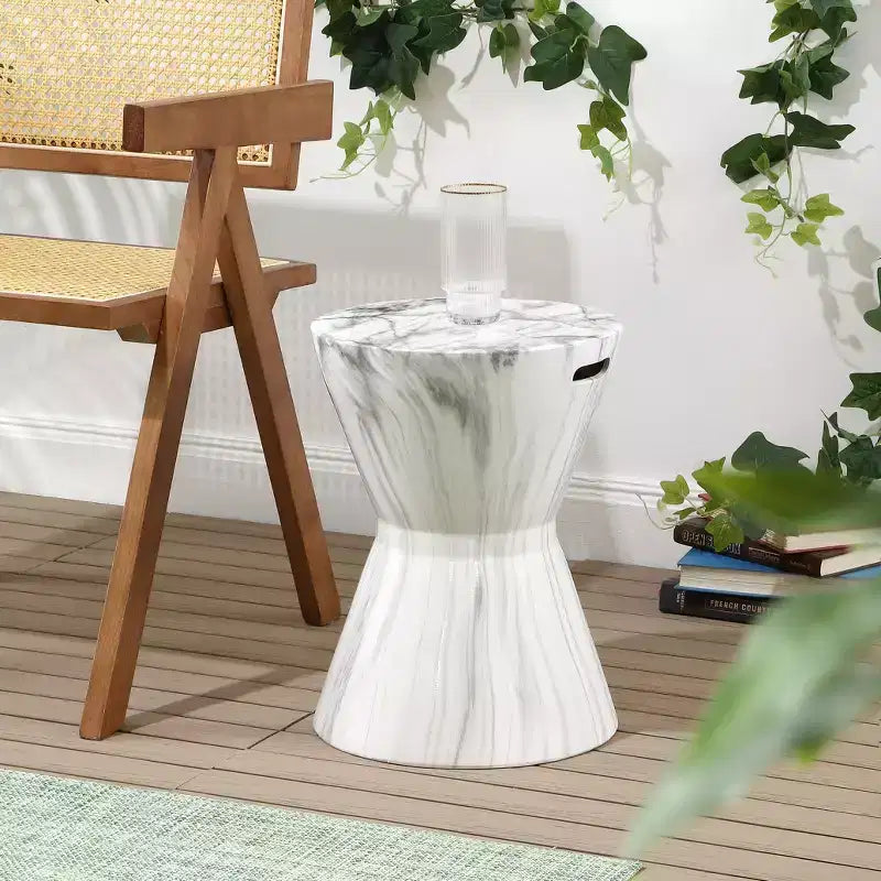 Sgabello da Giardino in Ceramica a Tamburo Africano / Tavolino, Finitura Marmo Bianco, 43,9 cm