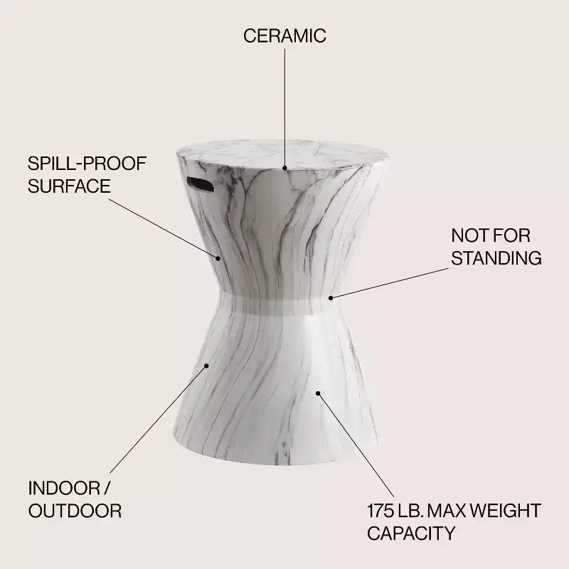 Sgabello da Giardino in Ceramica a Tamburo Africano / Tavolino, Finitura Marmo Bianco, 43,9 cm