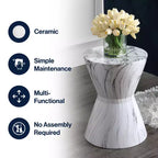 Sgabello da Giardino in Ceramica a Tamburo Africano / Tavolino, Finitura Marmo Bianco, 43,9 cm