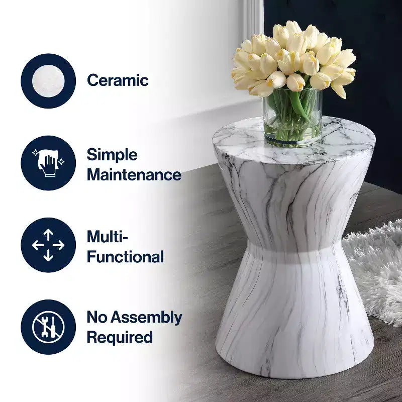 Sgabello da Giardino in Ceramica a Tamburo Africano / Tavolino, Finitura Marmo Bianco, 43,9 cm