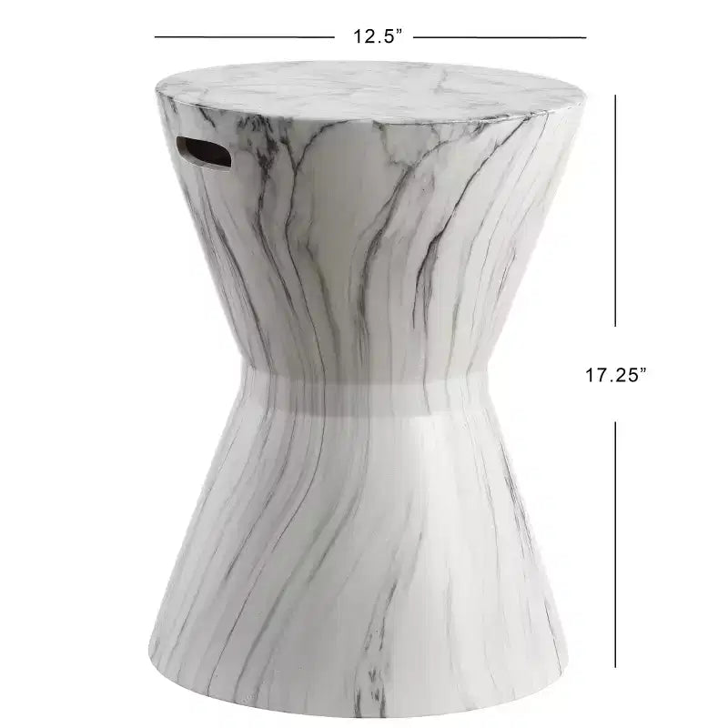 Sgabello da Giardino in Ceramica a Tamburo Africano / Tavolino, Finitura Marmo Bianco, 43,9 cm