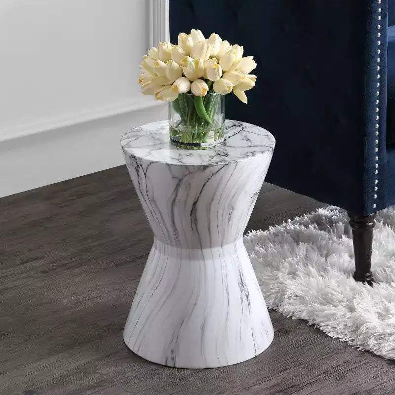 Sgabello da Giardino in Ceramica a Tamburo Africano / Tavolino, Finitura Marmo Bianco, 43,9 cm