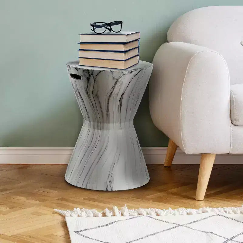 Sgabello da Giardino in Ceramica a Tamburo Africano / Tavolino, Finitura Marmo Bianco, 43,9 cm