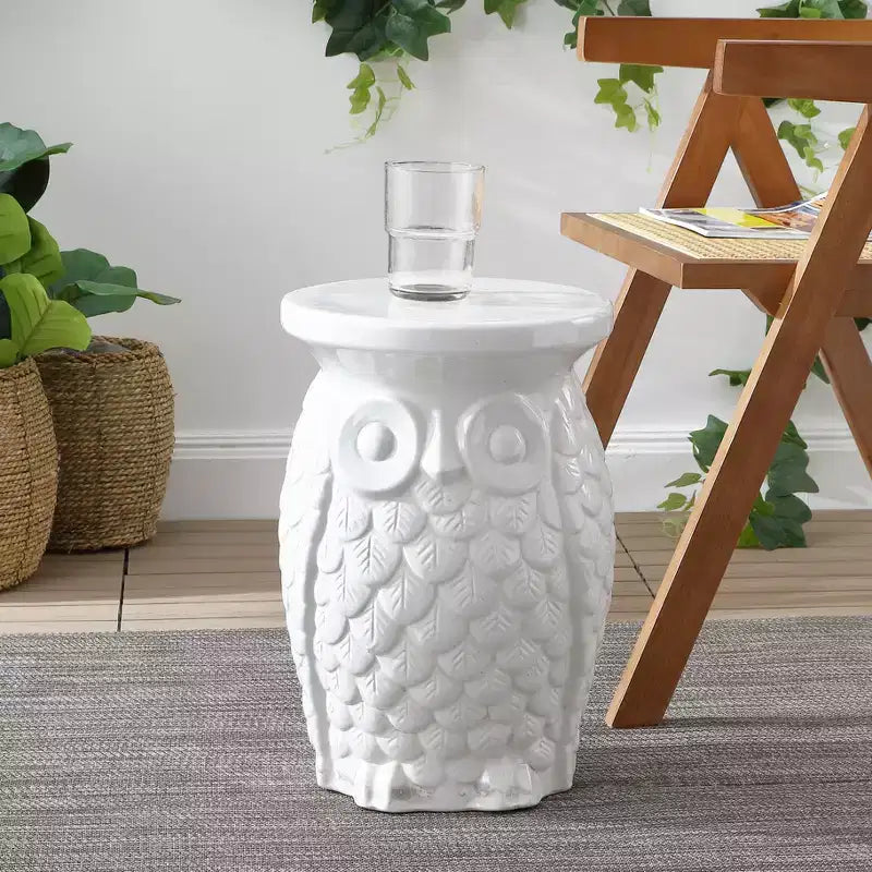 Sgabello da Giardino / Tavolino d'Appoggio in Ceramica a Forma di Gufo, Bianco, 44,5 cm