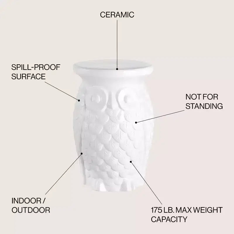 Sgabello da Giardino / Tavolino d'Appoggio in Ceramica a Forma di Gufo, Bianco, 44,5 cm