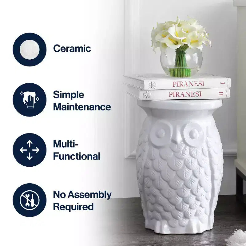 Sgabello da Giardino / Tavolino d'Appoggio in Ceramica a Forma di Gufo, Bianco, 44,5 cm