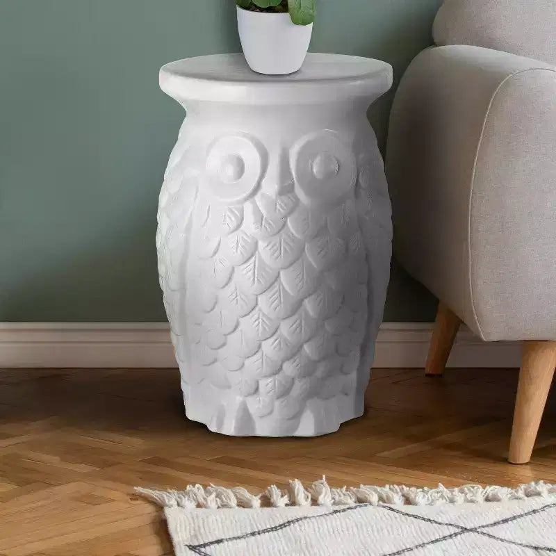 Sgabello da Giardino / Tavolino d'Appoggio in Ceramica a Forma di Gufo, Bianco, 44,5 cm