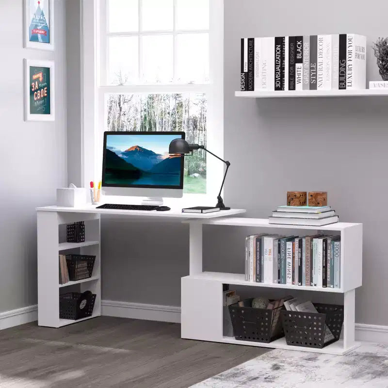 Scrivania ad angolo con rotazione a 360°, a forma di L, con mensole, workstation