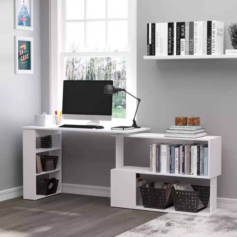 Scrivania ad angolo con rotazione a 360°, a forma di L, con mensole, workstation