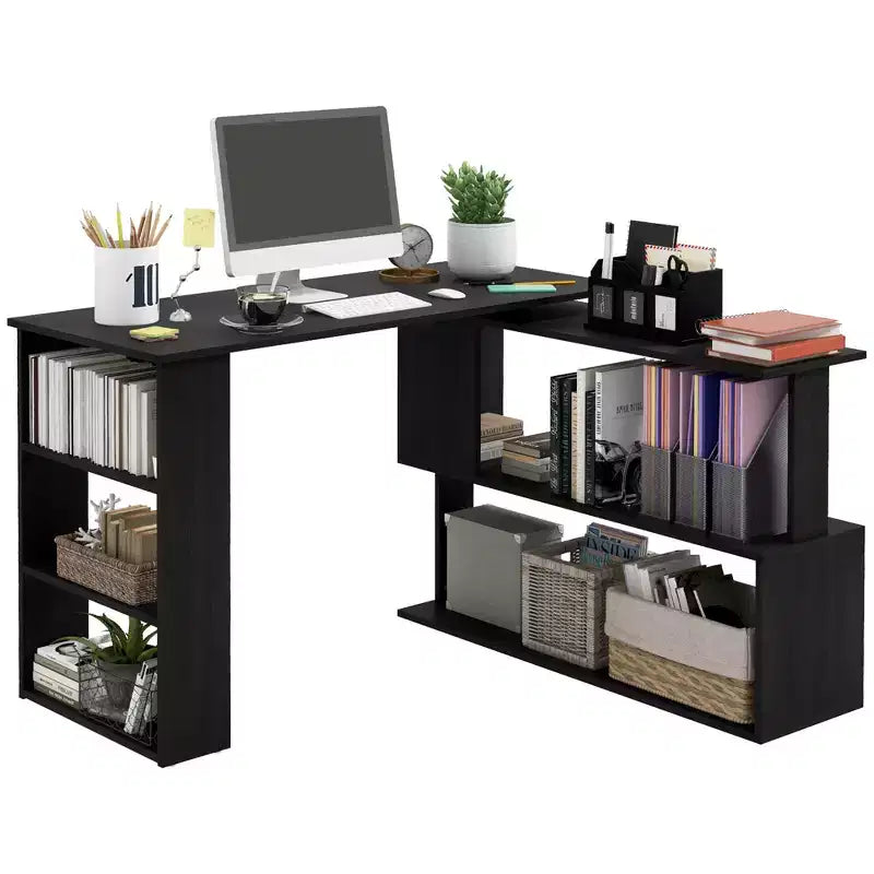 HOMCOM 360 Rotating Home Office Desk L Shaped Corner Computer Desk with Storage Shelves, Writing Table Workstation