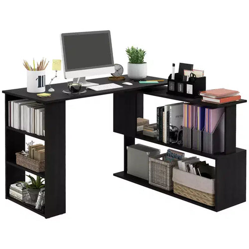 HOMCOM 360 Rotating Home Office Desk L Shaped Corner Computer Desk with Storage Shelves, Writing Table Workstation